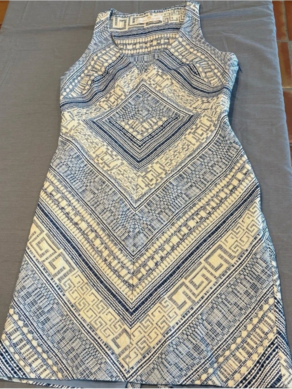 Amanda Uprichard Blue Cream Geometric Printed Midi Dress Size L